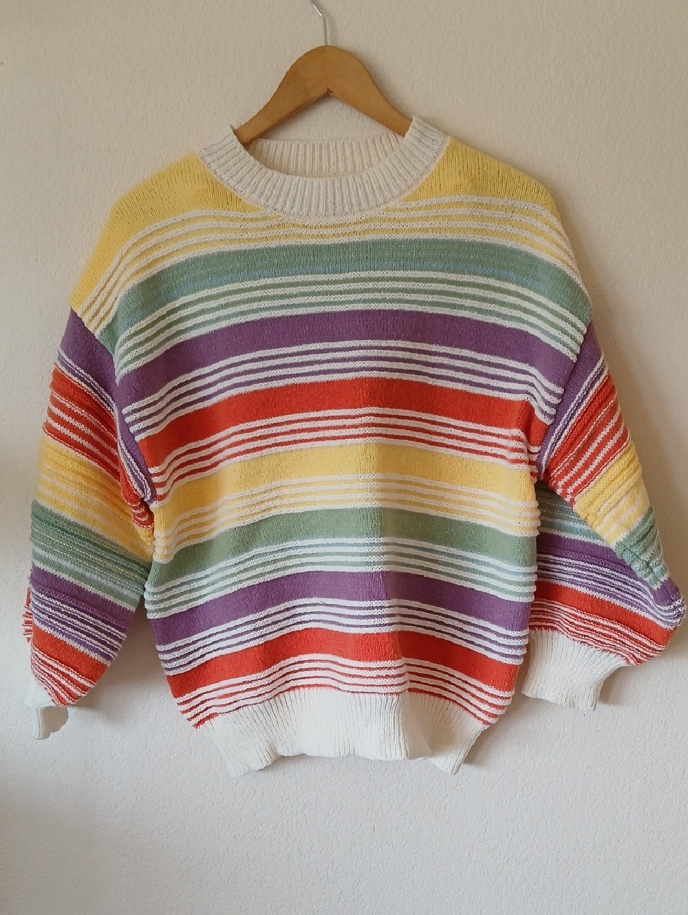 Lovely Melody Multicolor Striped Chunky Sweater Balloon Sleeve Spring Colors